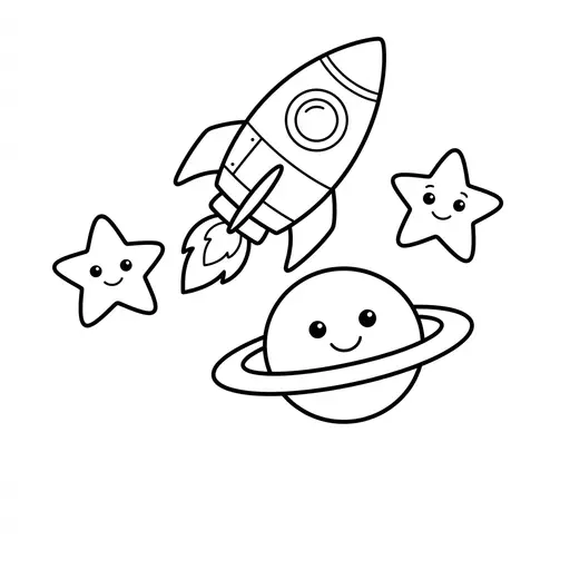 Doodle Coloring Page — Flying Past Smiling Planet and Stars