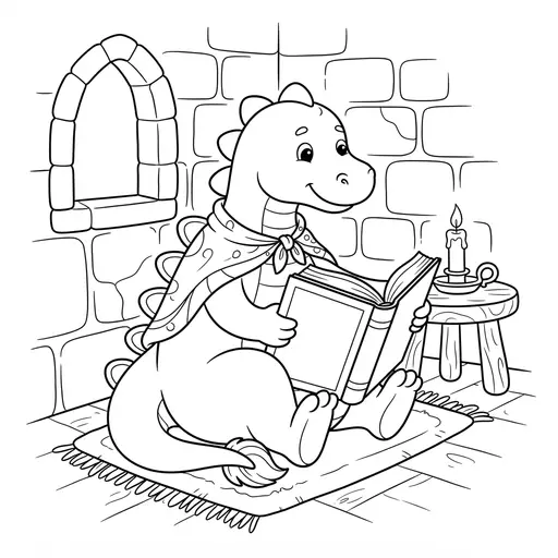 Storybook Character Coloring Page — Reading a Book in a Castle