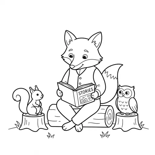 Storybook Character Coloring Page — Reading a Book to Forest Friends