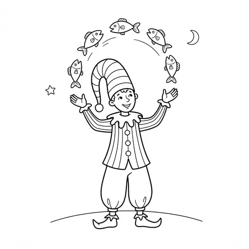 Storybook Character Coloring Page — Juggling Fish Under a Moon