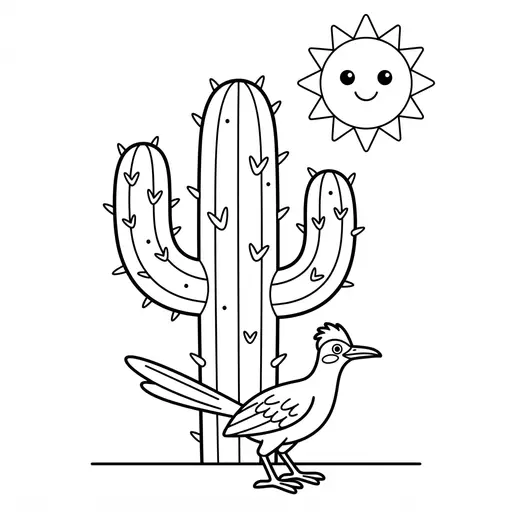 Cactus Coloring Page — Roadrunner and Smiling Sun