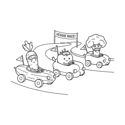 Vegetable Coloring Page — Racing in Vegetable Cars