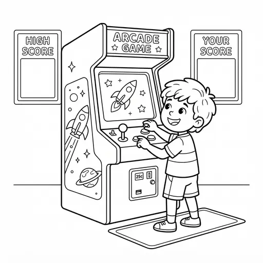 Video Game Coloring Page — Playing a Space Shooter Cabinet