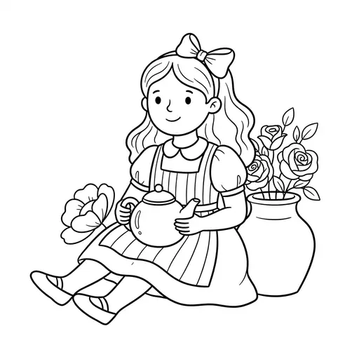 Storybook Character Coloring Page — Sitting With Teapot And Roses
