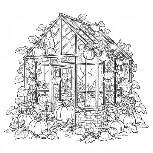 Greenhouse Coloring Page for Adults — Overgrown With Pumpkins and Vines