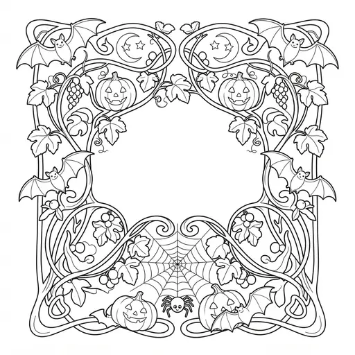 Halloween Border Coloring Page for Adults — Art Nouveau Style with Bats and Vines