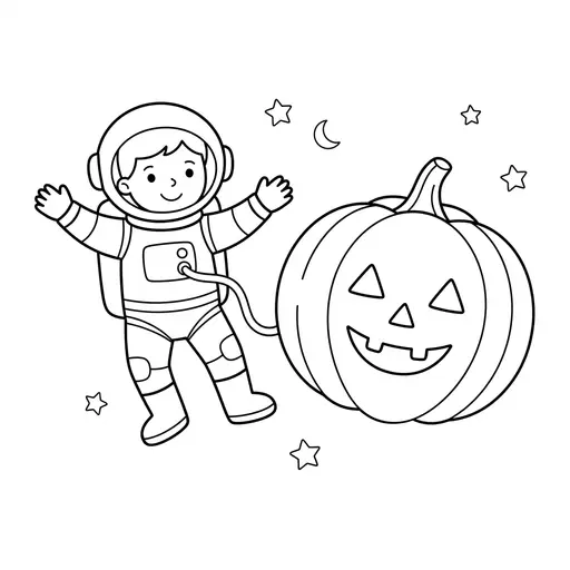Astronaut Coloring Page — Floating Beside a Pumpkin Planet