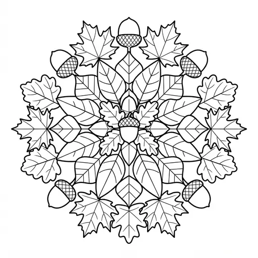 Mandala Coloring Page for Adults — With Autumn Leaves and Acorns