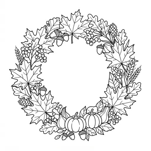 Autumn Wreath Coloring Page for Adults — Maple Leaves And Pumpkin