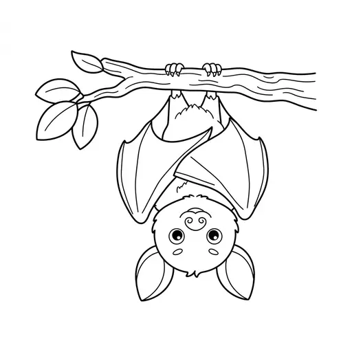 Easy Bat Coloring Page — Hanging From Branch