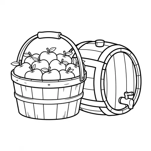 Apple Basket Coloring Page — Beside A Cider Barrel