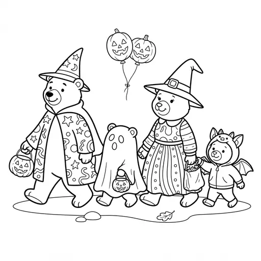 Bear Coloring Page — Family Walking in Costumes