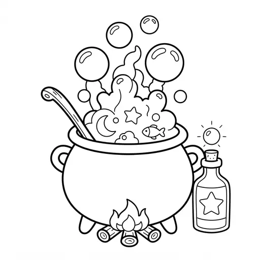 Easy Cauldron Coloring Page — Boiling Over With Big Bubbles
