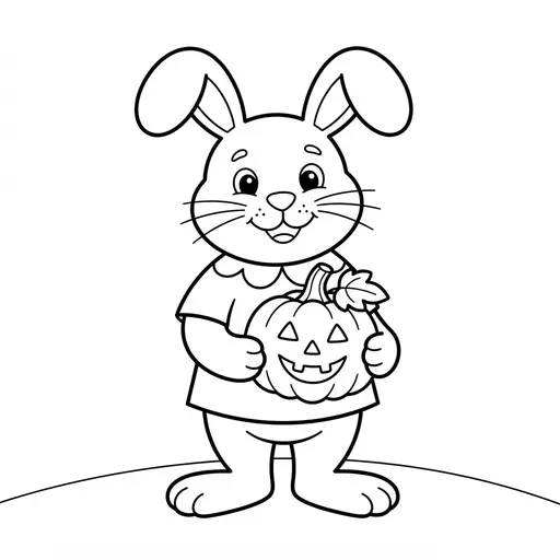 Easy Bunny Coloring Page — Holding a Jack-o-lantern