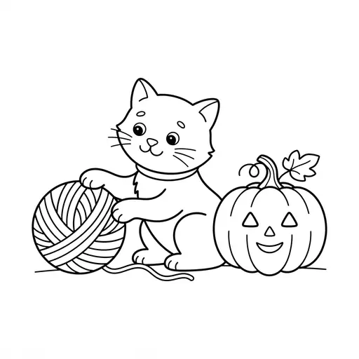 Cat Coloring Page — Playing With Yarn Near Pumpkin