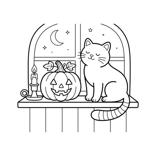 Cat Coloring Page for Adults — Resting on a Windowsill