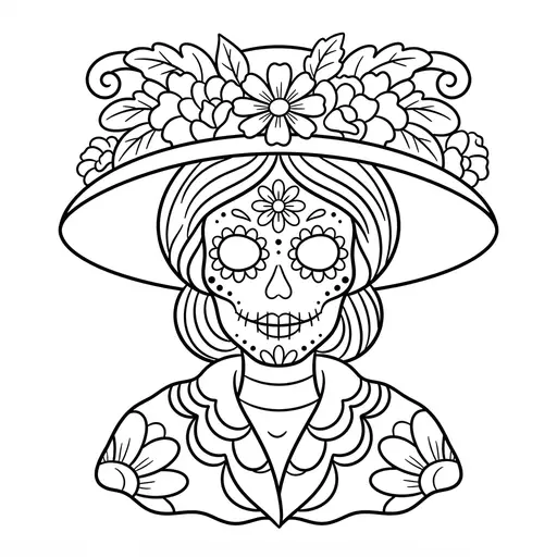 Skeleton Coloring Page for Adults — Wearing a Wide Flower Hat