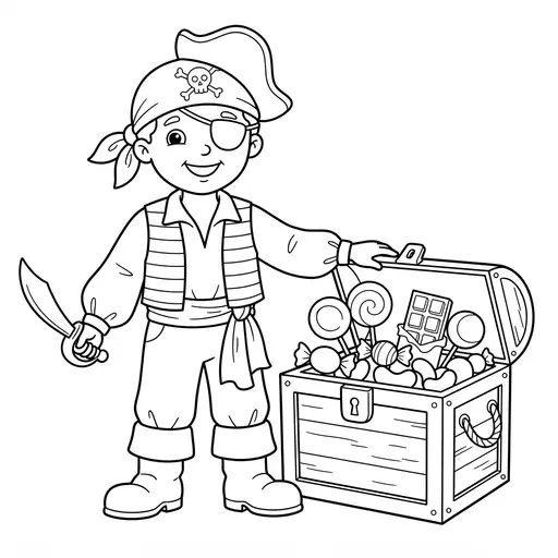 Pirate Coloring Page — With Candy Treasure Chest