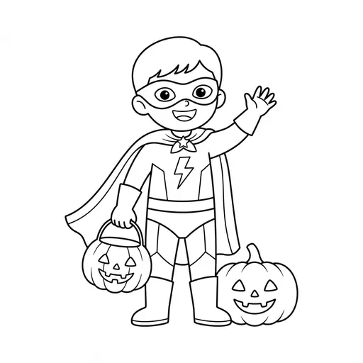 Superhero Coloring Page — Holding a Pumpkin Bucket