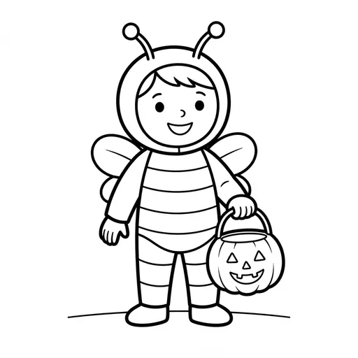 Easy Bumblebee Coloring Page — Holding a Pumpkin Bucket