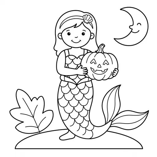 Mermaid Coloring Page — Holding a Jack o Lantern