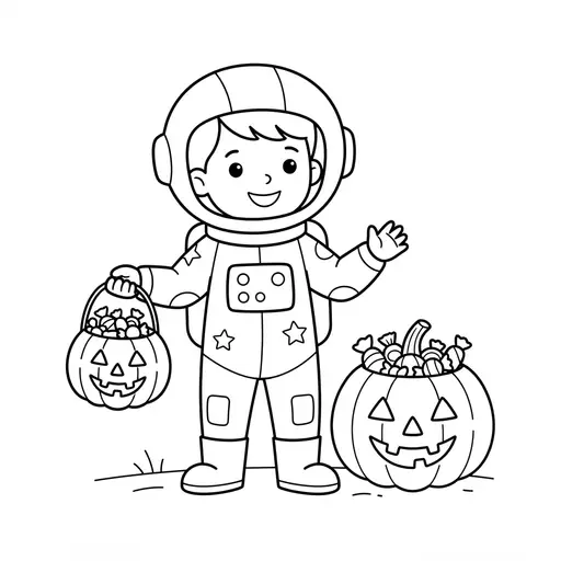 Astronaut Coloring Page — Holding a Pumpkin Bucket