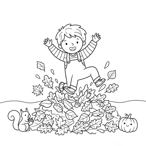 Autumn Leaf Coloring Page — Jumping Into a Big Pile