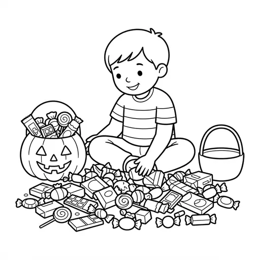 Candy Coloring Page — Sorting a Big Pile on the Floor