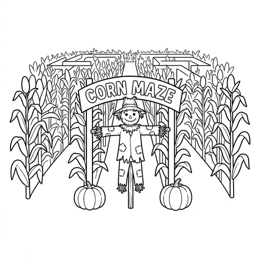 Corn Maze Coloring Page — With a Scarecrow at the Entrance