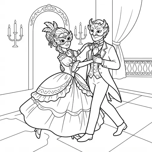 Skeleton Coloring Page for Adults — Dancing at a Masquerade Ball