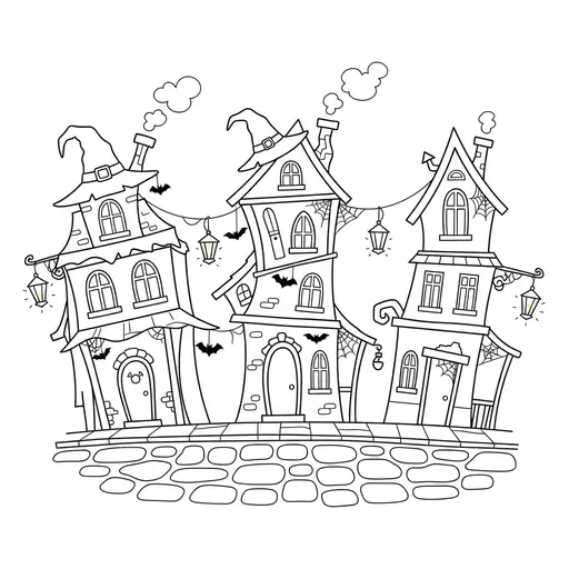 Haunted House Coloring Page for Adults — Leaning Houses With Hanging Lanterns