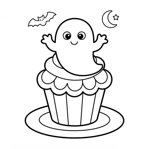 Easy Ghost Coloring Page — Sitting on Top of a Cupcake