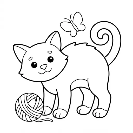 Easy Cat Coloring Page — Playing With a Ball of Yarn