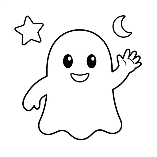 Easy Ghost Coloring Page — Waving Hello Under a Moon