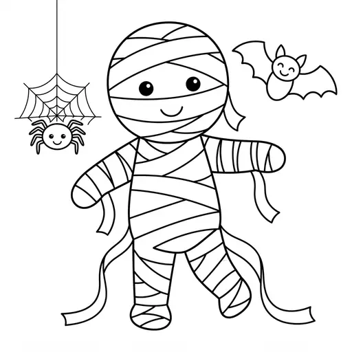 Easy Mummy Coloring Page — With Loose Bandages and a Spider