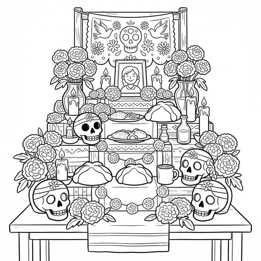 Ofrenda Coloring Page for Adults — With Marigolds and Candles