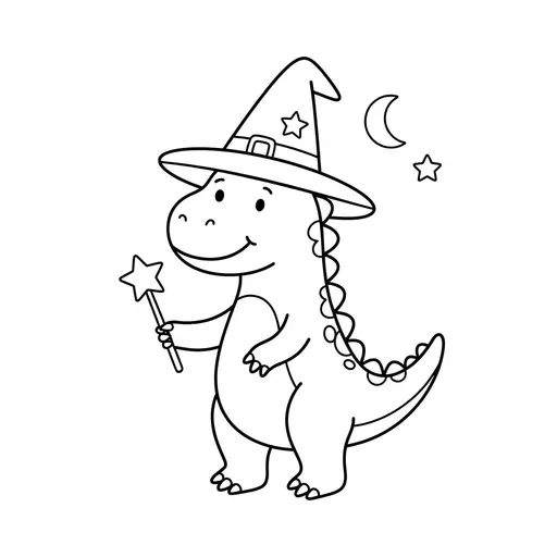 Easy Dinosaur Coloring Page — Wearing a Witch Hat