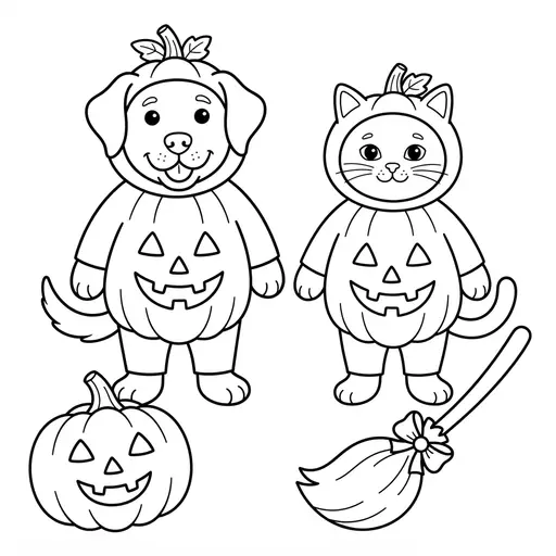 Dog Coloring Page — In Matching Pumpkin Costumes