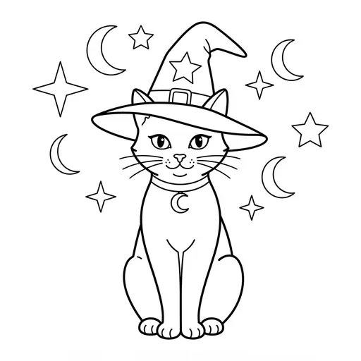 Cat Coloring Page for Adults — Wearing a Witch Hat