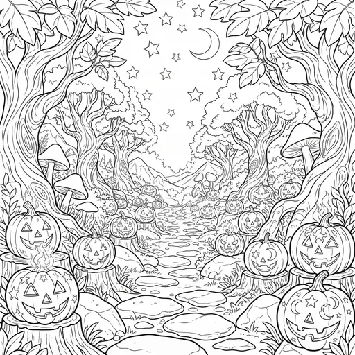 Jack-O-Lantern Coloring Page for Adults — Lining an Enchanted Forest Path