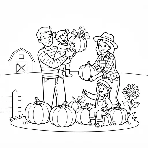 Pumpkin Patch Coloring Page — Family Picking Pumpkins at a Farm