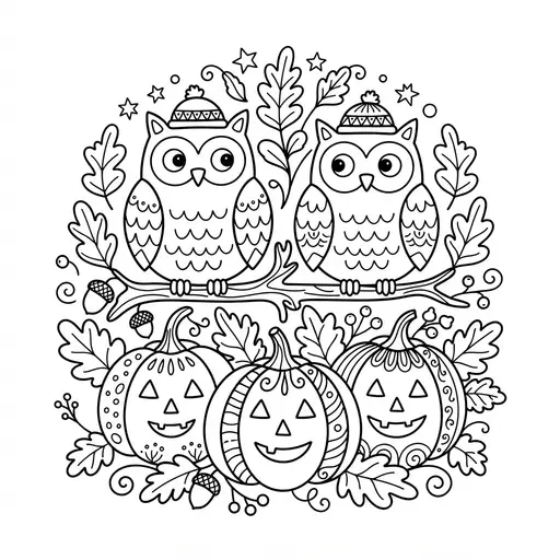 Owl Coloring Page for Adults — Two Wearing Hats on a Branch