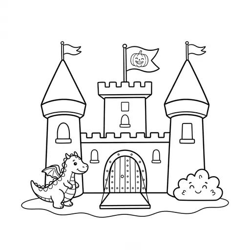 Easy Castle Coloring Page — With Pointed Towers and a Small Dragon