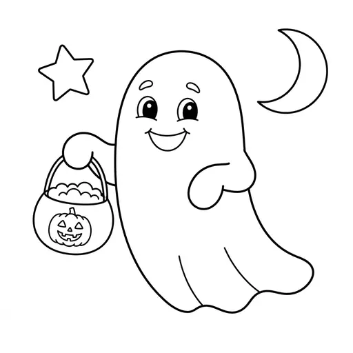 Easy Ghost Coloring Page — Holding a Pumpkin Bucket