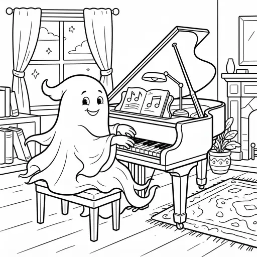 Ghost Coloring Page for Adults — Playing a Grand Piano