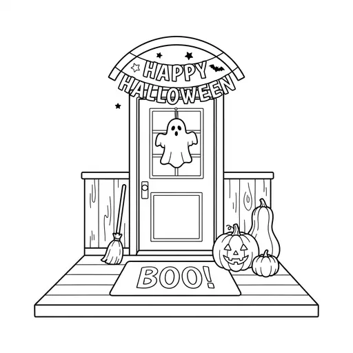 Haunted House Coloring Page — Decorated With Pumpkins and Banner