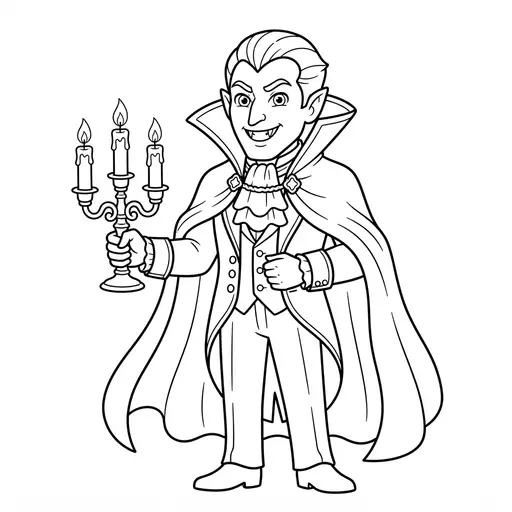 Vampire Coloring Page for Adults — In a High Collared Cape Holding a Candelabra