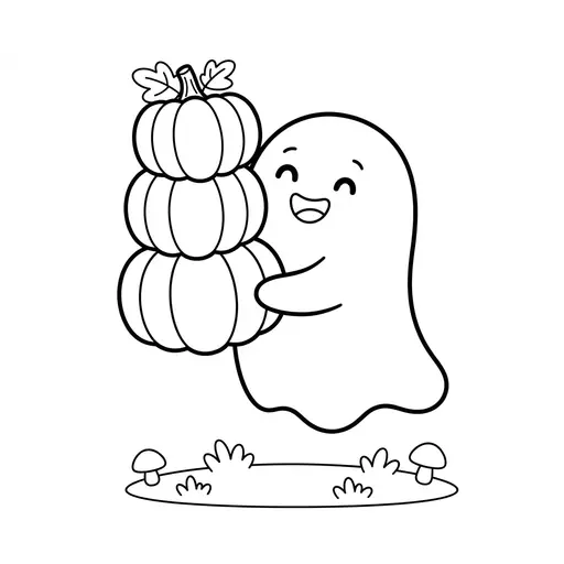 Easy Ghost Coloring Page — Carrying a Stack of Pumpkins