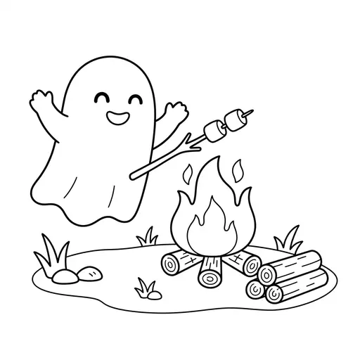 Ghost Coloring Page — Roasting Marshmallows Over a Campfire
