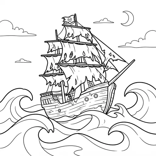 Ghost Ship Coloring Page for Adults — With Tattered Sails on Rolling Waves